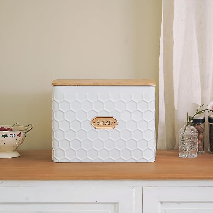 NIKKY HOME Extra Large Space Saving Farmhouse White Bread Box With Bamboo Lid - Holds 2 Loaves - Vertical Breadbox Bread Storage Bin Holder for Kitchen Countertop, Honeycomb Embossed Pattern