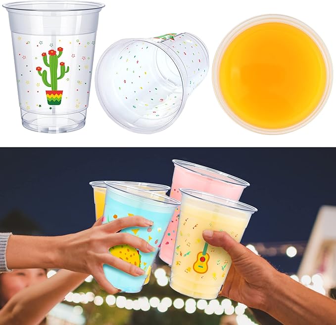 meekoo 100 Pack 12 oz Fiesta Cups Plastic Mexican Cups Clear Disposable Mug Cinco De Mayo Party Decorations for Fiesta Taco Birthday Party Drinkware Supplies, 4 Styles