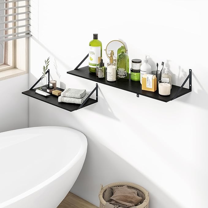 Heimlove Black Deep Floating Shelves for Wall, 24W x 12D Wood Wall Shelves Set of 2, Wide Floating Bookshelf for Living Room, Kitchen, Office, Bedroom and Decor Storage, with Metal Bracket - Black