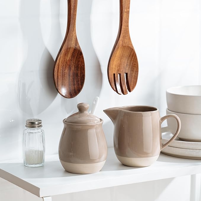 famiware Milkyway Ceramic Sugar and Creamer Set, 10oz Sugar Bowl & 13oz Creamer Set – Stoneware Milk Pitcher & Sugar Dispenser for Coffee Bar, Kitchen, Countertop, Coffee Serving Set, Cinnamon Brown