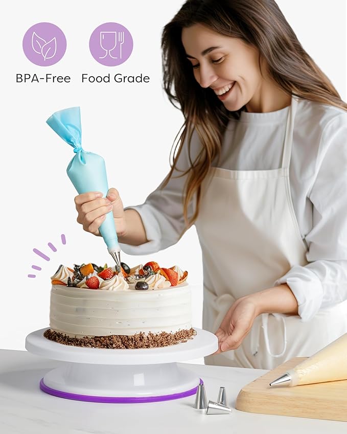 Kootek 71PCs Cake Decorating Kit, Baking Supplies Tools - Includes Cake Stand Turntable, 12 Icing Piping Tips, 2 Frosting Spatulas, 3 Scrapers, 50+2 Piping Bags, Coupler, Video Tutorial, Booklet