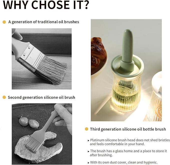 Oil Dispenser with Brush - Glass Olive Oil Dispenser for Kitchen, 3 IN 1 Oil Dispenser Bottle with Silicone Basting Brush for Cooking Vinegar Sauce BBQ Grill Frying (Brown/White/Green)