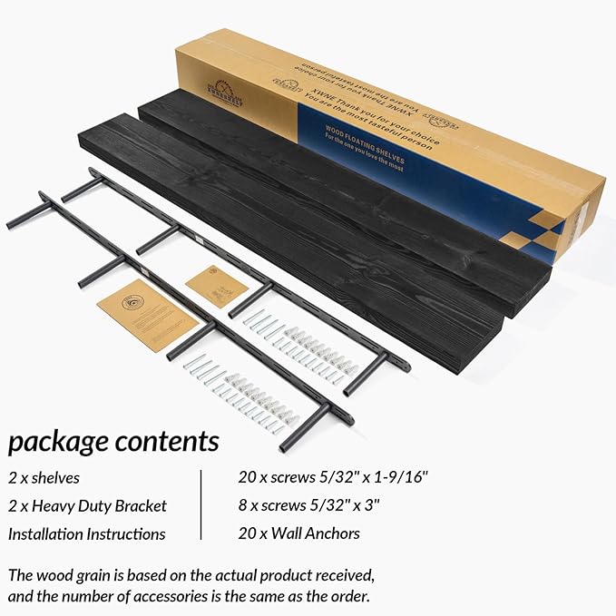 60 inch Black Floating Shelves for Wall 8 -inch deep Set of 2, Heavy Duty Solid Wood Wall Mounted Shelves for Living Room Kitchen with Thickened Hidden Bracket