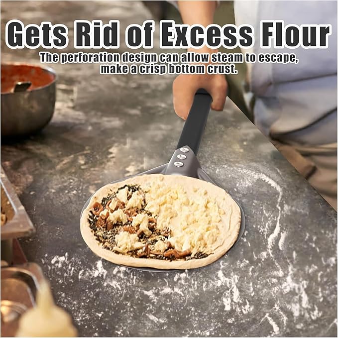 Pizza Turning Peel 8 Inch Round Aluminum Perforated Pizza Peel Turner with Metal Handle Pizza Paddle for Homemade Pizza Oven Accessories
