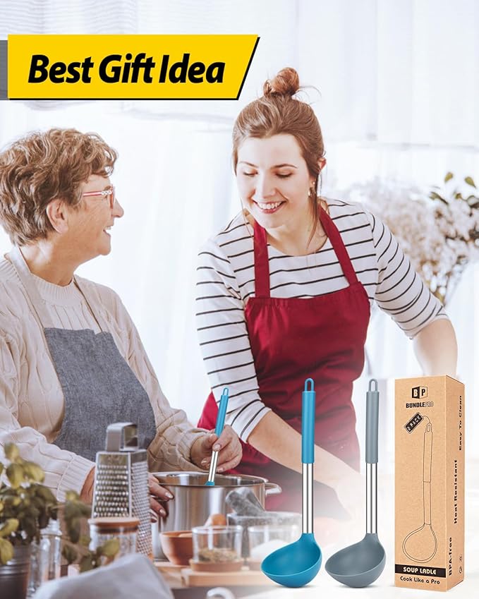 Pack of 2 Ladle Spoon,Silicone Large Spoon for Soup,Non Stick Kitchen Utensils with High Heat Resistant,BPA Free Perfect Kitchen Tools for Cooking, Stirring,Serving Soups (GREY-BLUE)