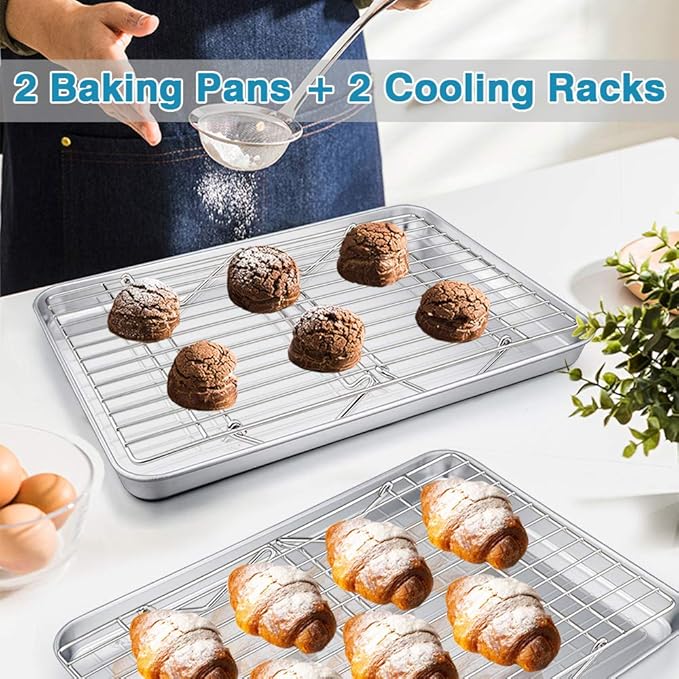 P&P CHEF 16 Inch Stainless Steel Baking Sheet with Rack Set (2 Pans+ 2 Racks), Cookie Sheets Baking Trays and Cooling Wire Racks, Oven & Dishwasher Safe, Pans with Stackable Racks