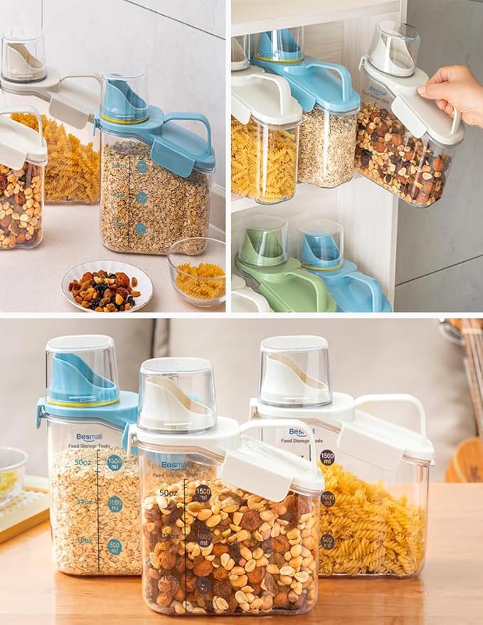 Cereal Containers Storage Airtight Small Dry Food Storage Containers with Pour Spout Cereal Dispenser Plastic Food Container kitchen Pantry Storage for Dry Food Flour Grain Snack, 2 Pack 1.6L