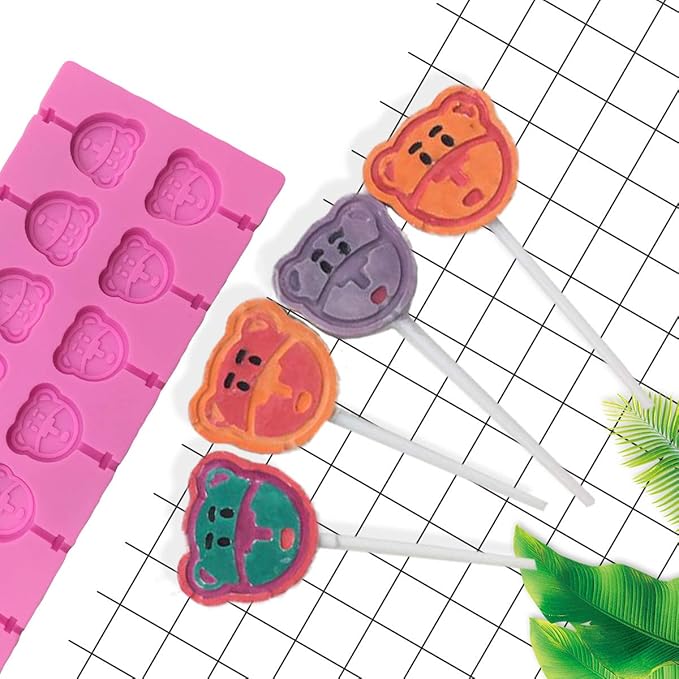 12 Capacity Silicone Bear Lollipop Mold Set, Sucker Molds and Chocolate Hard Candy Mold with 50pcs Lollipop Sucker Sticks, Candy Treat Bags, Gold Ties. (Bear)