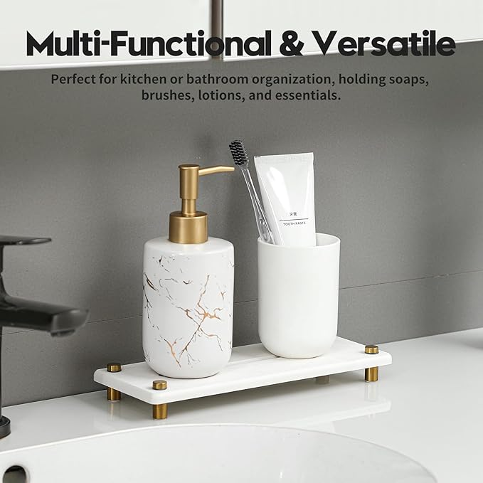 Water Absorbing Stone Sink Caddy Kitchen Sink Organizer Tray, Diatomite Bathroom Counter Tray, Gold Faucet Drying Mat Coaster Soap Dish Rack Riser Dispenser Sponge Holder, White 10" x 4"