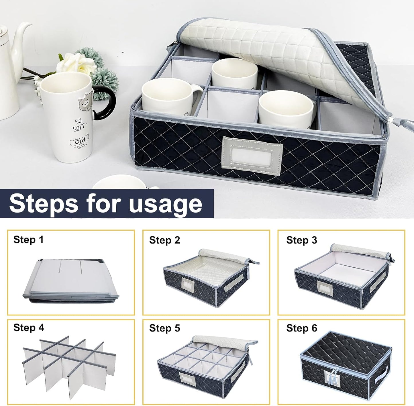 Wine Glass and Mug Storage Box with Dividers - 2 Pack China Storage Containers Set Holds 24 Glassware , Stemwareļ¼Coffee Mug and Tea Cup, Organizer Bin with Sturdy Metal Zipper,Label and Handles (Grey)