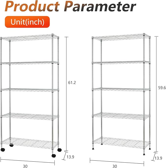 FDW Adjustable Storage Rack Wire Shelf with Wheels - 5 Tier Metal Shelves for Small Spaces - Easy Assembly, Chrome
