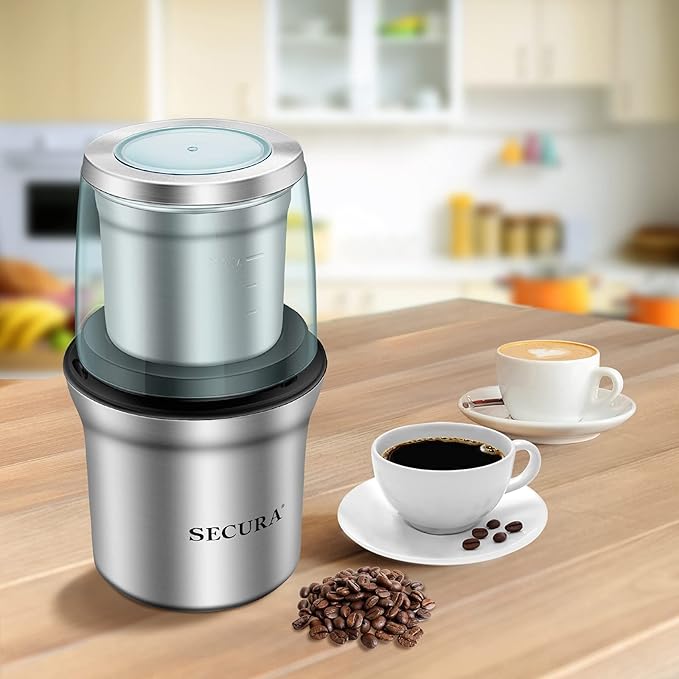 Secura Electric Coffee Grinder and Spice Grinder with 1 Stainless Steel Blades Removable Bowl, Dry Grinding