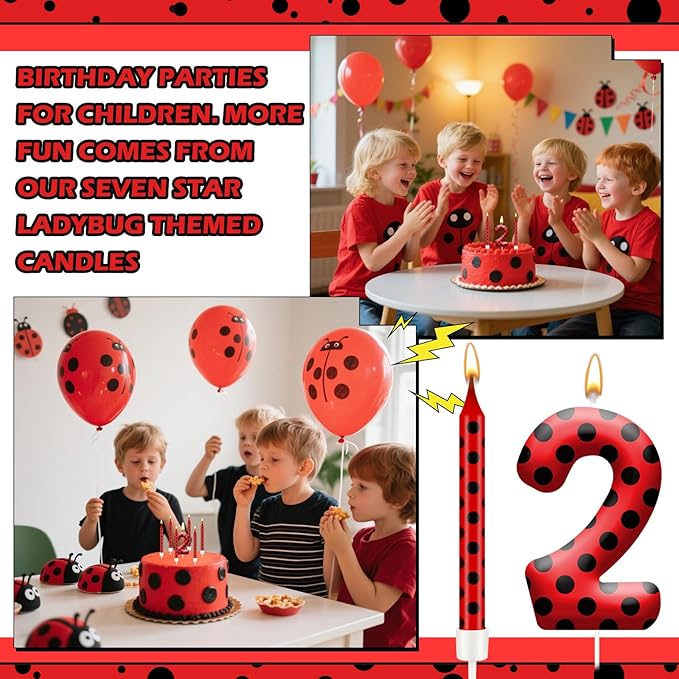 13PCS Ladybug Theme Birthday Candles Set - Red & Black Polka Dot Decorative Candles for Kids Ladybug Themed Parties, Baby Showers, Birthday Cakes, and Ladybird Inspired Celebrations(Number 2)
