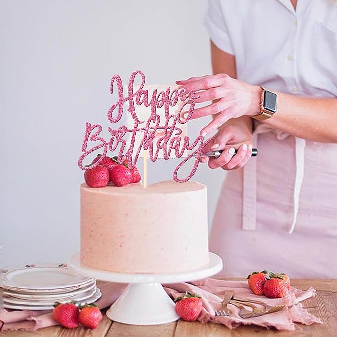ZHUOWEISM 1 PCS Happy Birthday Cake Topper Glitter Happy Birthday Cake Pick for Celebrating Happy Birthday Anniversary Theme Party Cake Decorations Supplies Pink
