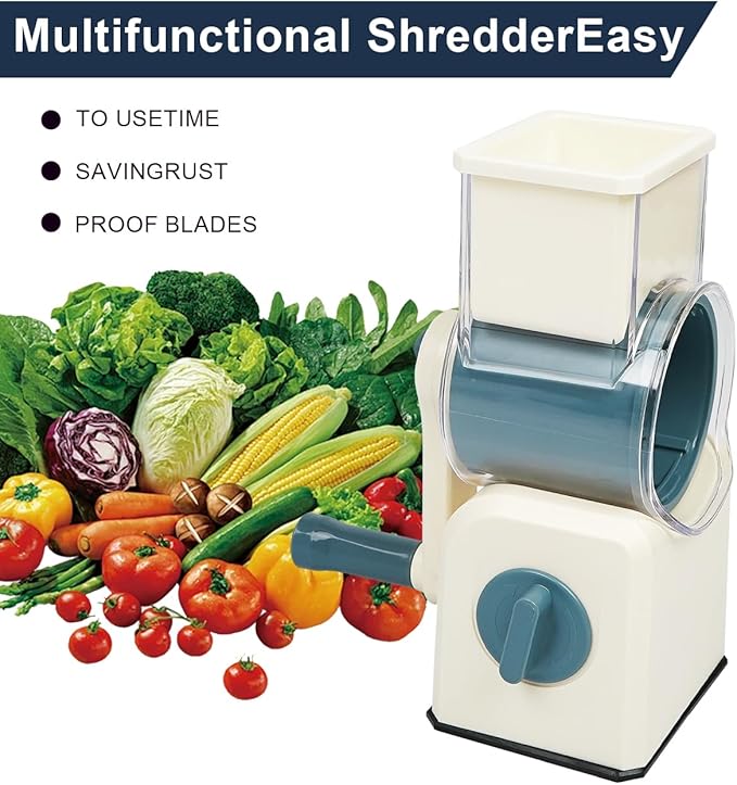 3 in 1 Cheese Grater, Rotary Cheese Grater with Handle for kitchen, Vegetable Slicer with 3 Replaceable Stainless Steel Blades,Peeler and Rubber Gloves (Blue)