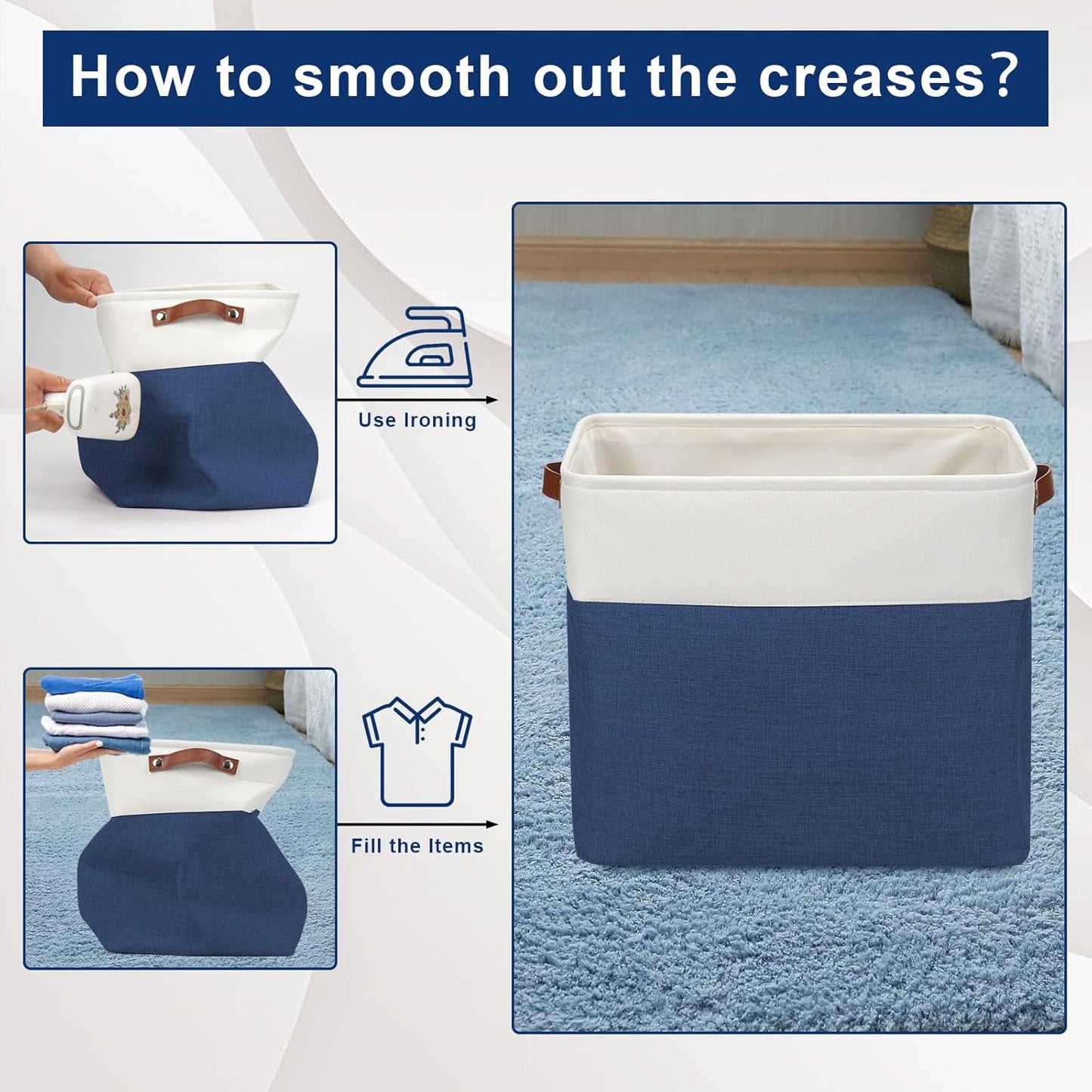 Large Fabric Storage Baskets | 50L Storage Bins, Decorative Linen Closet Baskets with Handles for Organizing, Shelf, Toys, Clothes, Home, Office, Nursery, 17x12x15Inches (Navyblue&White)