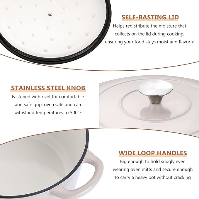 E-far 6 Quart Enameled Cast Iron Dutch Oven, Round Dutch Oven Pot with Lid, Nonstick Cookware for Braising/Stews/Roasting/Bread Baking/Cooking, Heavy Duty, Induction & Oven Safe - Khaki