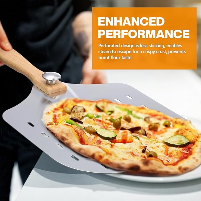 Perforated Pizza Peel 12 x 14 Inch Paddle Spatula with Foldable Handle Pizza Cutter Rocker 14'' Blade and Metal Spatula for Family Oven Accessories and Chopper Knife Tools