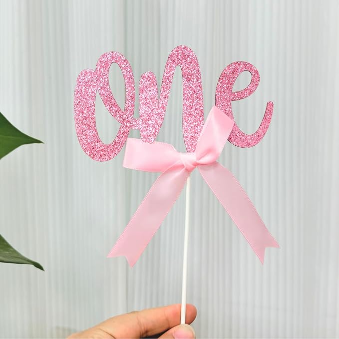 ALISSAR 1st Birthday Cake Topper with 8 Pink Bows – First Birthday Cake Decorations for Girls, Pink Bow, One Cake Topper for 1st Birthday Party