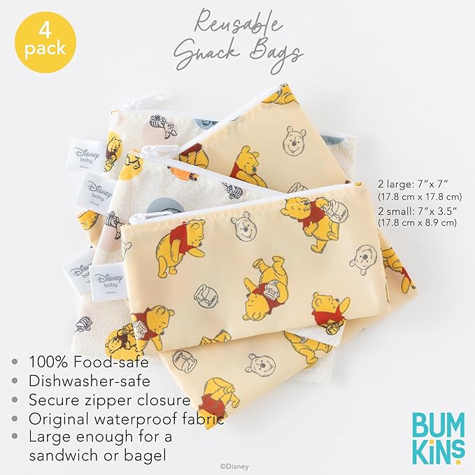 Bumkins - Cloth Snack & Sandwich Bags - For Storage, Travel, Food Prep, Lunch - Reusable, Water Resistant, Washable, Dishwasher Safe - Snack Bags for Kids - Zipper Closure - Winnie the Pooh - 4 Pack