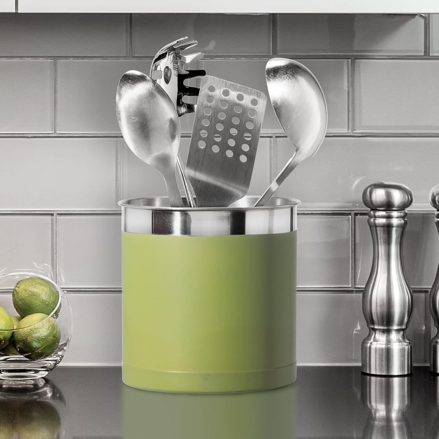 Oggi Stainless Steel Jumbo Utensil Holder - 7" Utensil Caddy, Weighted Base for Stability - Extra Large Utensil Crock and Countertop Utensil Organizer, Olive