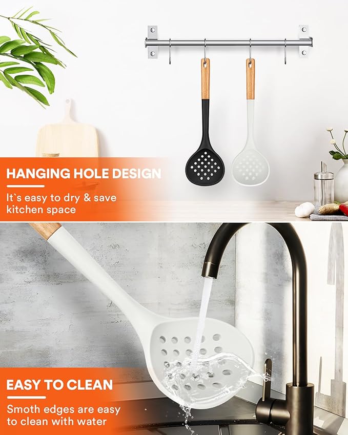 Kitchen Ladle Strainer, Large Slotted Spoon with High Heat Resistant BPA Free, Non Stick Cooking Skimmers For Draining & Frying, 13.2inch (Black & White)