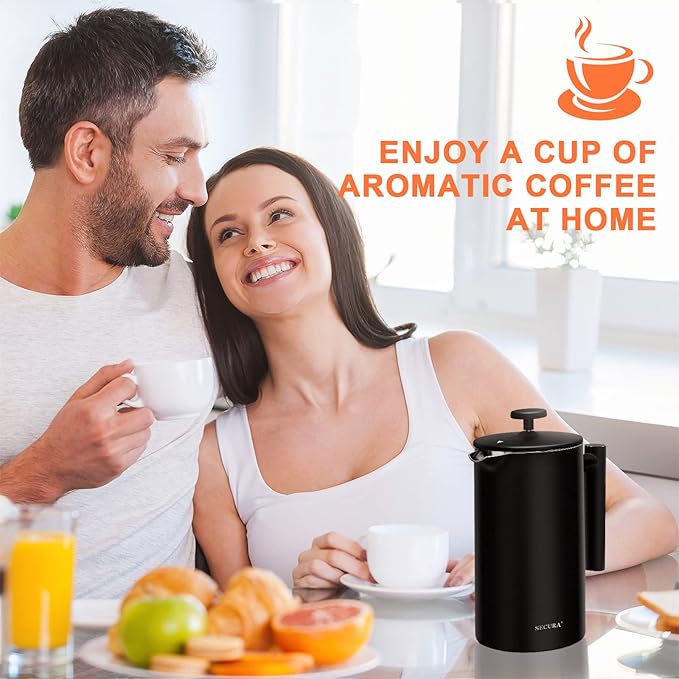 Secura French Press Coffee Maker with 3-Layer Stainless Steel Filter, 34 oz Black, Double-Walled Insulated Design with 2 Extra Filters