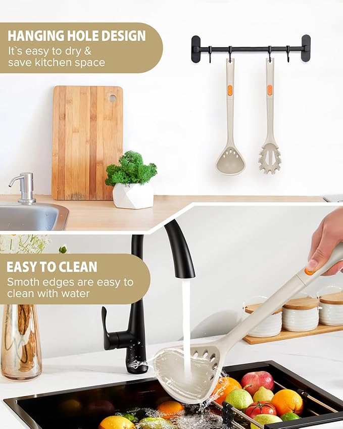 Silicone Pasta Fork and Ladle Spoon Set, Large Non Stick Kitchen Utensils for Cooking,Stirring,One Piece Serving Spaghetti, Soup, Sauce (KHAKI)