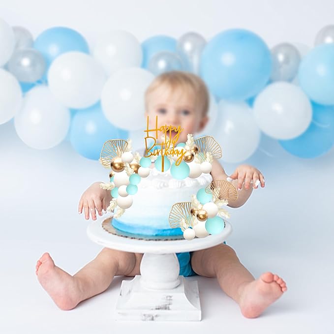 Gyufise 57Pcs Balls Cake Topper Boho Grass Cake topper Pearl Balls Acrylic Happy Birthday Cake Decorations for Wedding Baby Shower Birthday Boho Themed Party Supplies Light Blue