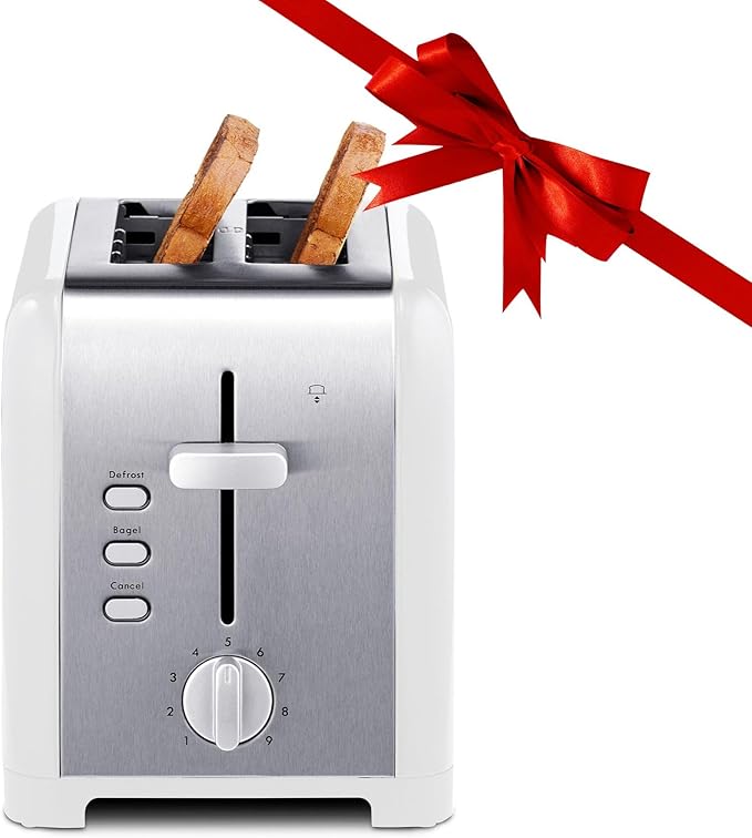 Kenmore toaster 2 slice - extra wide slot countertop kitchen appliance, defrost function, tostador de pan, 9 shade settings, compact design, easy clean crumb tray, bread bagel, stainless steel & White