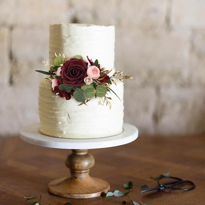 Rinlong Pre-made 3Pcs Cake Toppers Burgundy Flowers Cake Decorations Wedding Cake Decorating Flowers Decor Birthday Baby Shower Party Christening Christmas Cake Toppers