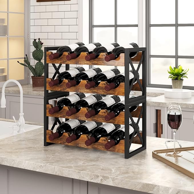 Homeiju 2-in-1 Wine Rack Countertop, Small Wine Rack Organizer Holder, Wooden Wine Rack Inserts for Cabinet, Stackable Wine Rack for Kitchen,Home Bar