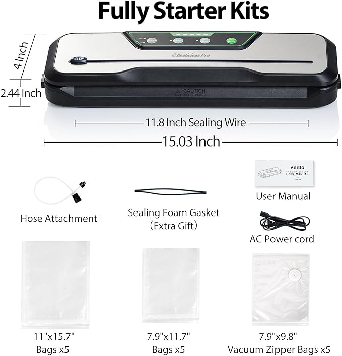 Automatic Food Vacuum Sealer Machine | Beelicious Pro 80KPa 8-In-1 Food Vacuum Saver with Starter Kits | 15 Bags, Pulse Function, Moist&Dry Mode and External VAC for Containers, Stainless Steel