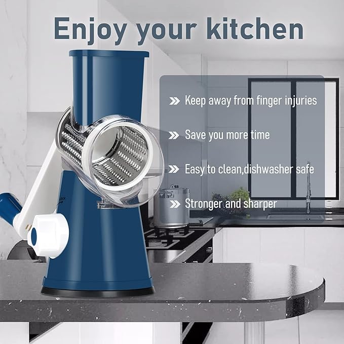 KEOUKE Rotary Cheese Grater with Handle - 3 Changeable Blades for Cheese, Vegetables, Nuts - Blue