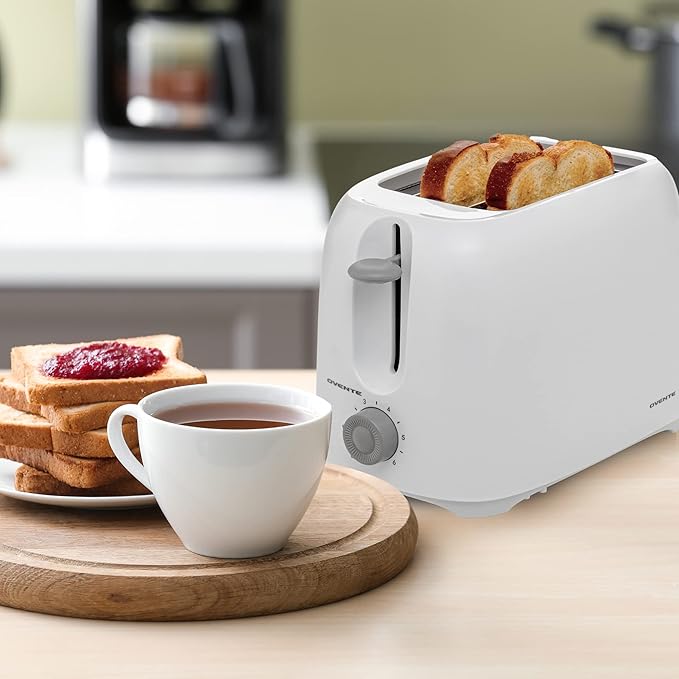 OVENTE Electric 2 Slice Toaster Machine with 6-Shade Browning Selector Setting, Compact Design and Removable Crumb Tray, 700W Power Perfect for Toasting Bread, Thin Bagels and Waffles, White TP2210WGY