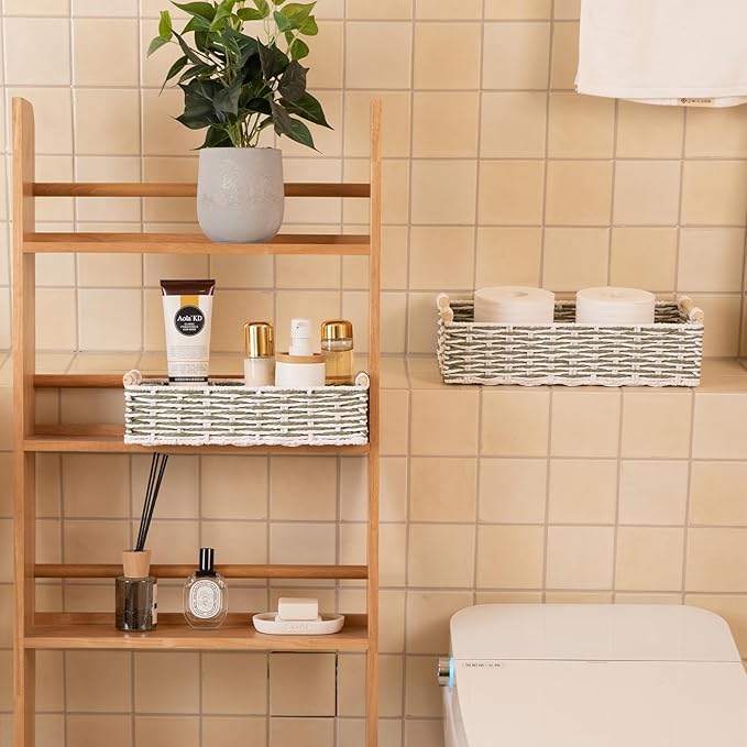 OIAHOMY Toilet Paper Baskets Handmade Paper Rope Decorative Wicker Storage Tank Shelf Cabinet Organizer for Bathroom Home, Set of 2, Green & White