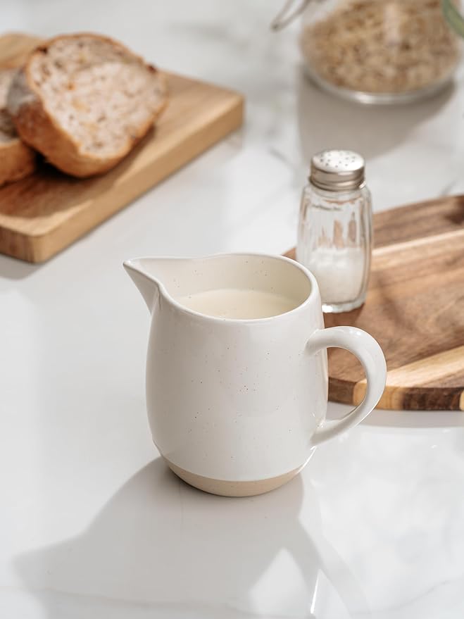 famiware Milkyway 13oz Creamer with Handle, Ceramic Coffee/Milk/Sauce/Serving/Salad Pitcher Jug, Stoneware Maple/Syrup Dispenser, Milk Frother Cup, Microwave and Dishwasher Safe, White