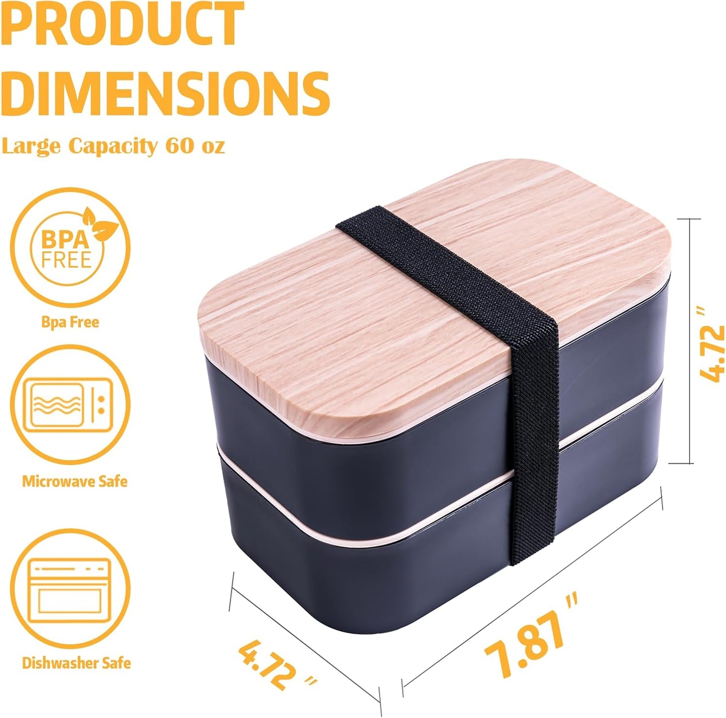 Bento Box with Lunch Bag Microwavable All-in-One Meal Prep Compartment Lunch Containers with Utensils Leak Resistant Lunch Box with Sauce Container 60oz Black