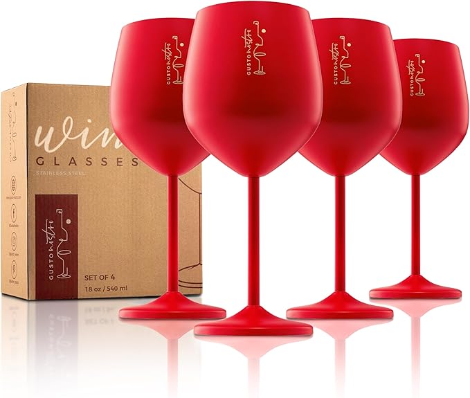 Gusto Nostro Stainless Steel Wine Glass - 18 oz - Cute, Red Unbreakable Wine Glasses for Travel, Camping and Pool - Fancy, Unique, Cool Portable Metal Wine Glass for Outdoor Events, Picnics (Set of 4)