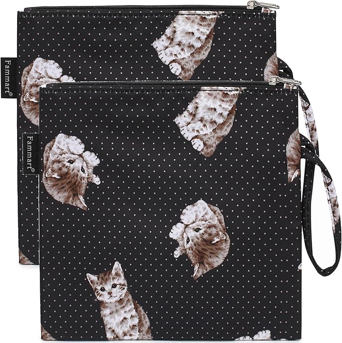 Reusable Sandwich Bag/Snack Bag for Kids & Adults, Dual Layer Lunch Bag with Handle, Washable, Food Safe, BPA Free (2-Pack, Dot&Cat)