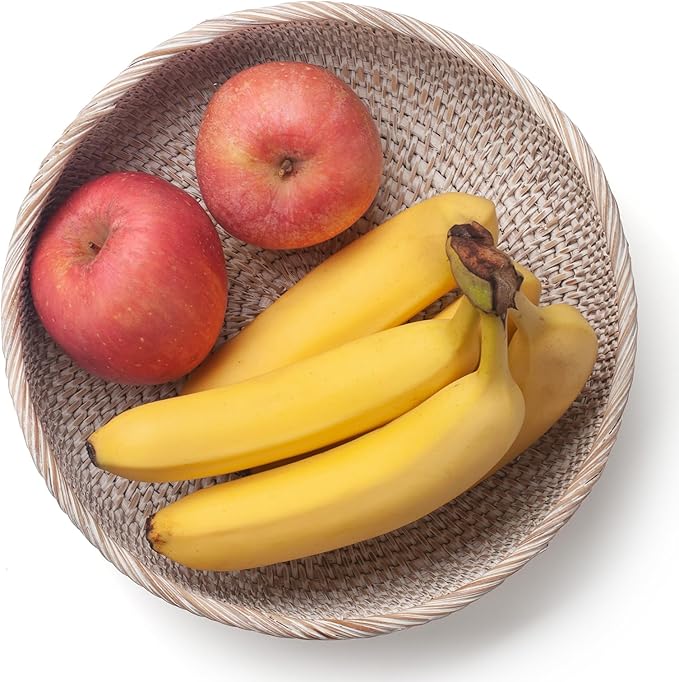 YANGQIHOME Rattan Round Fruit Baskets, Wicker Storage Bowls, Natural Woven Serving Basket Bowls, Decorative Baskets for Kitchen Counter Organizing, Whitewash, Set of 3