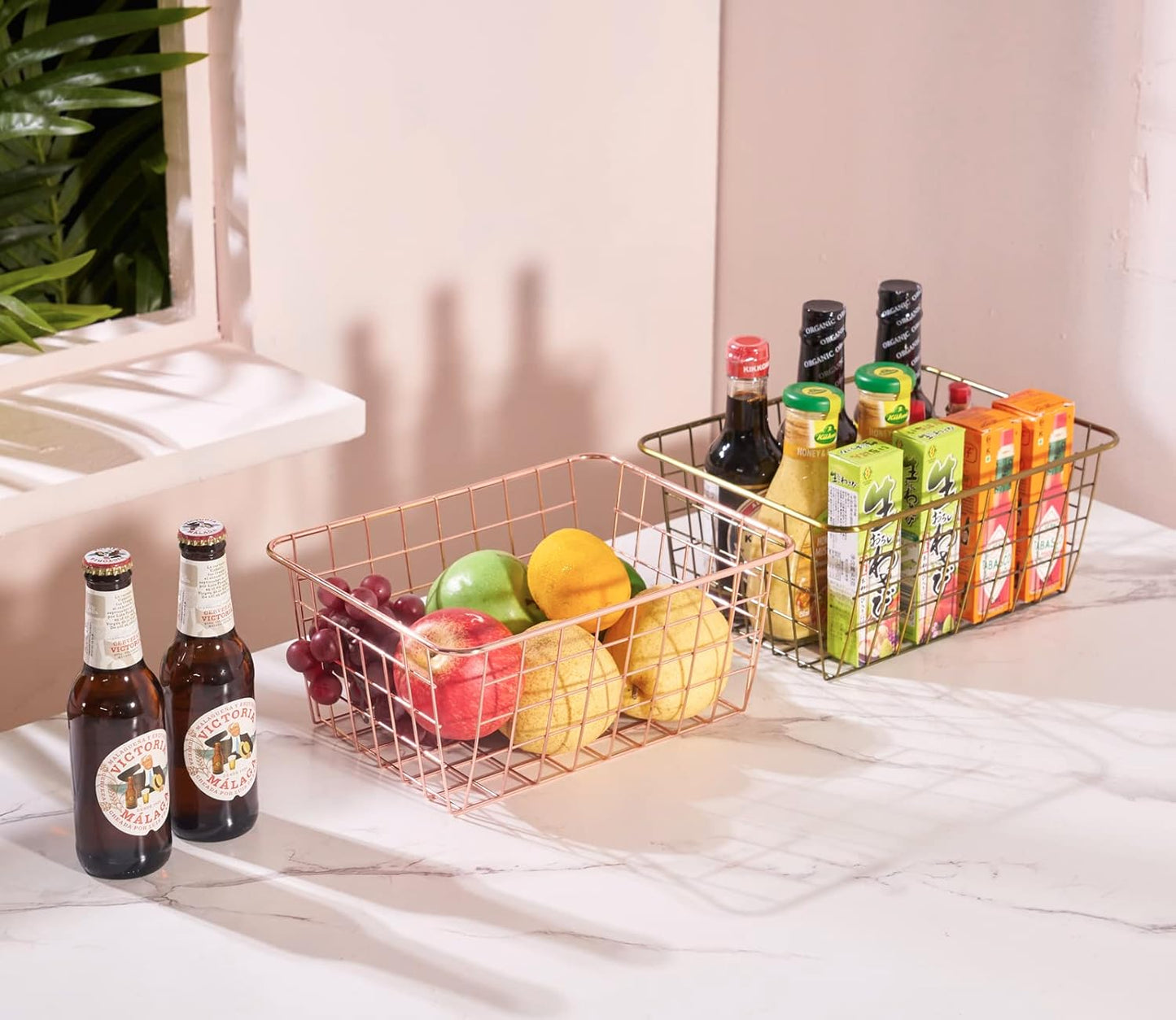 Wire Kitchen Storage Basket 4 Packs,Perfect Pantry Organization Accessories Basket,Laundry Basket,Countertop Organization,Suitable for Kitchen,Bathroom,Bedroom,Tabletop,Stackable,Brown