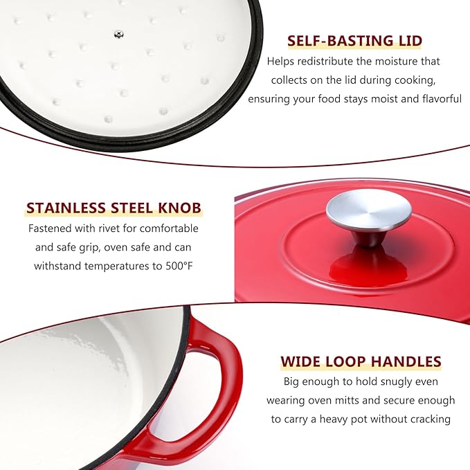 E-far Enameled Cast Iron Dutch Oven with Lid, 6 Quart Round Dutch Oven Pot Nonstick Cookware for Braising, Stews, Roasting, Bread Baking, Cooking, Heavy Duty, Induction & Oven Safe - Red
