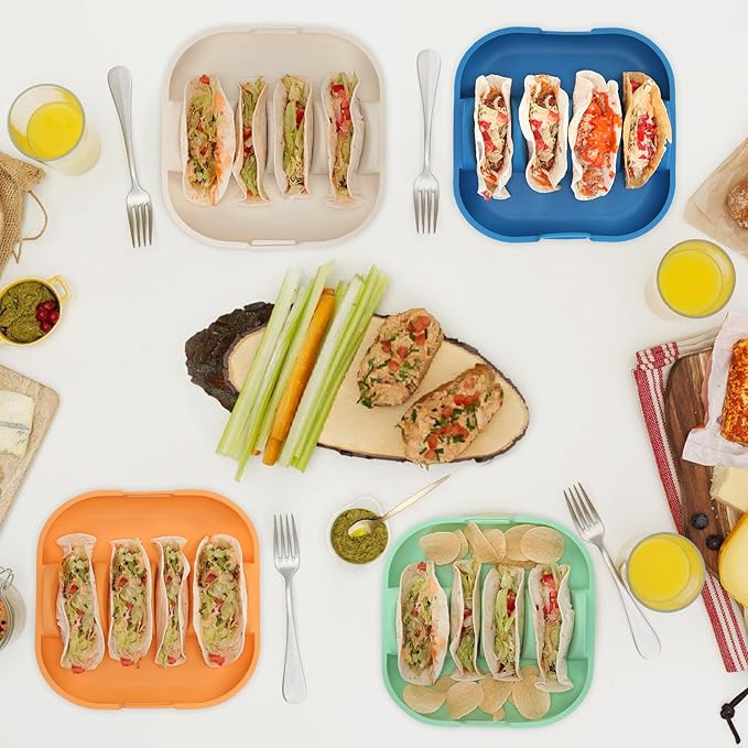 Silicone Taco Holder 2 Pack,10.2in pgrade Reusable Taco Plates with Dividers,Fiesta Tacos Holder Tray.Taco Serving Plates, Dishwasher & Microwave Safe (2, BLUE+GREEN)