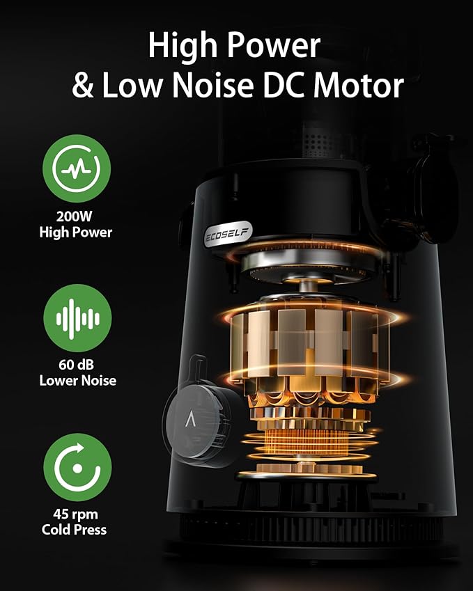 Cold Press Juicer, ECOSELF Juicer Machines with Large Feed Chute Fit Whole Fruits & Vegetables, Self Feeding for Juice Extractor Machine, Easy to Clean and Assemble, High Juice Yield