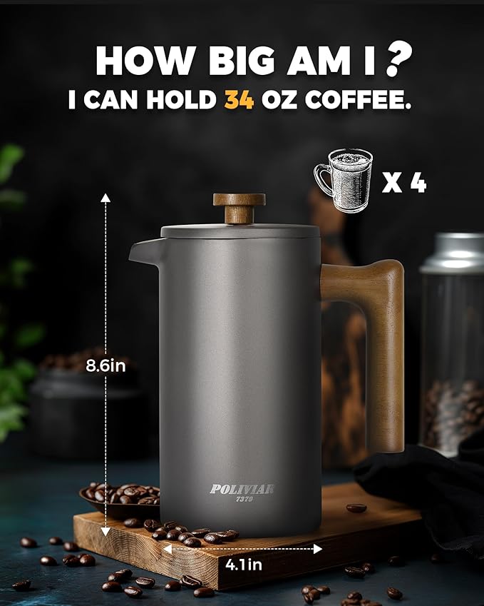 POLIVIAR French Press Coffee Maker, 34 Ounce Coffee Press with Real Wood Handle, Double Wall Insulation & Dual-Filter Screen, Food Grade Stainless Steel for Good Coffee and Tea (Cliff)