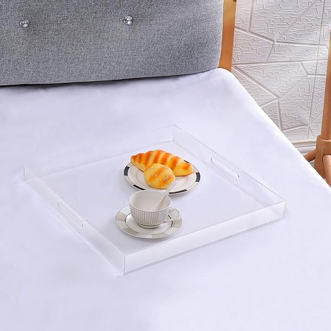 Extra Large Clear Modern Acrylic Ottoman Tray with Cutout Handles 22x22 Inch Over-Sized Serving Tray Organizer Boot Tray Decorative Tray for Living Room Bedroom Entryway and Kitchen Tabletop