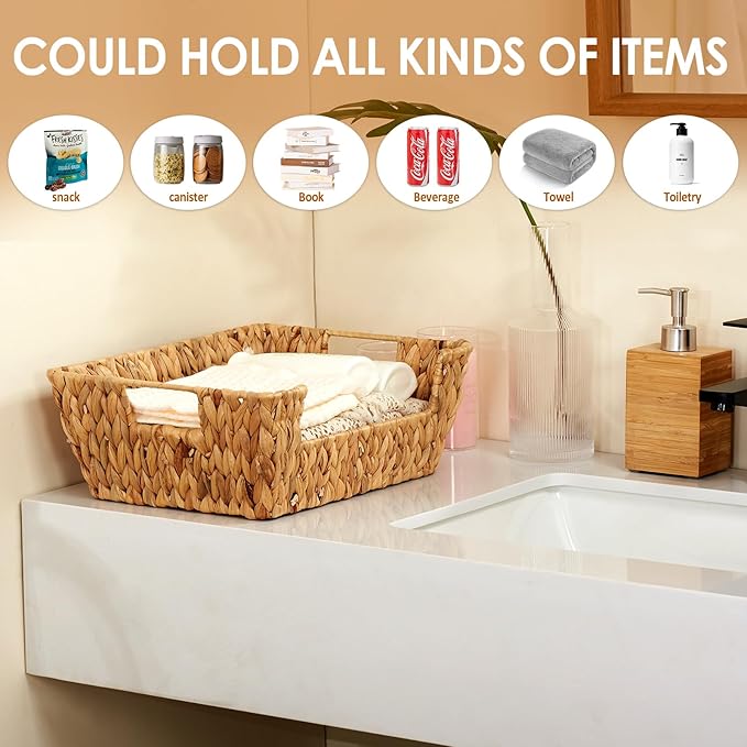 Water Hyacinth Wicker Basket 2 Pack With Handles - Pantry Storage and Organization, Handmade Large Natural Baskets for Organizing