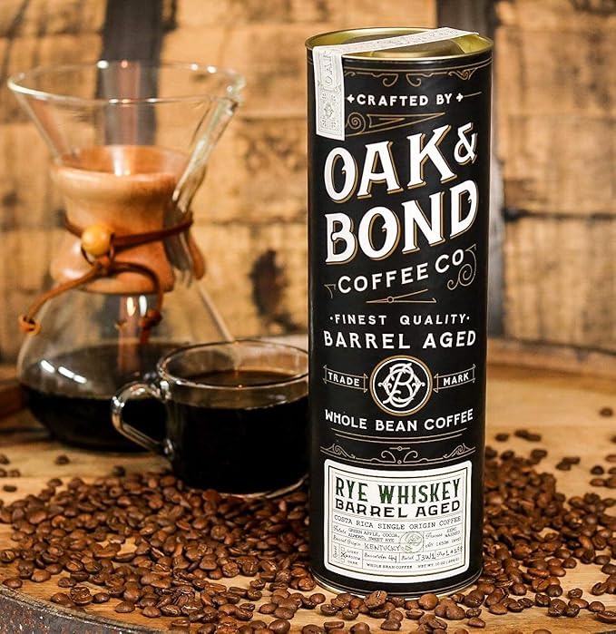 Rye Whiskey Barrel Aged Coffee, Costa Rica Single Origin Small Family Farm Whole Coffee Bean, Medium Roast w/Flavor Notes of Cocoa, Almond, Sweet Rye, Green Apple by Oak & Bond Coffee Co. – 10oz.