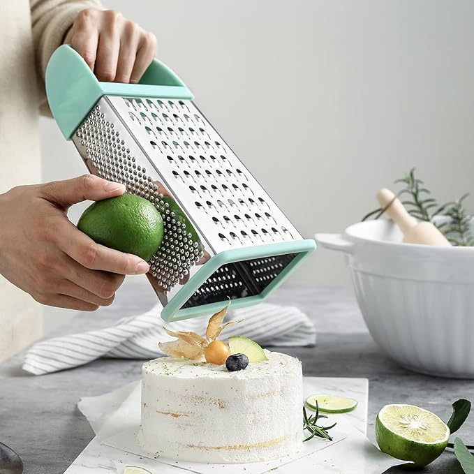 Spring Chef Professional 10" Stainless Steel Parmesan Cheese Grater with Handle, 4 Sided Handheld Box Grater, Kitchen Potato Shredder for Hash Browns, Hard Cheese, Ginger, Vegetables, Carrot - Mint